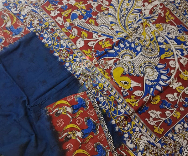 Teal mul cotton handloom kalamkari Saree with human figure motifs on border and peacock motif on pallu. Saree comes with kalamkari printed blouse piece.