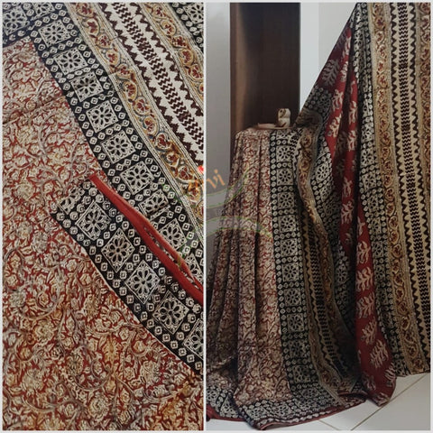 Red chennur silk handloom kalamkari Saree. Saree comes with printed blouse piece.