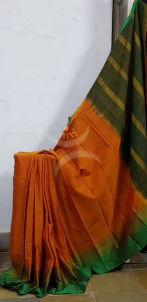 Orange mercerised South cotton with contrasting green woven temple border
