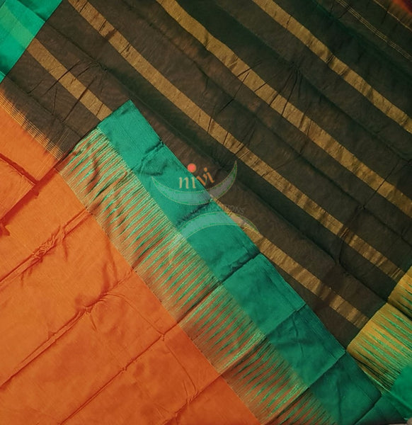 Orange mercerised South cotton with contrasting green woven temple border