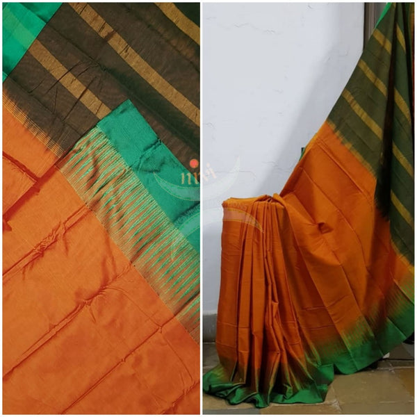 Orange mercerised South cotton with contrasting green woven temple border