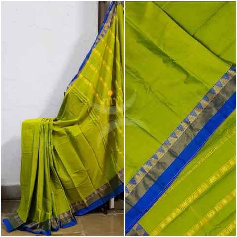 Green mercerised South cotton with contrasting blue woven temple border