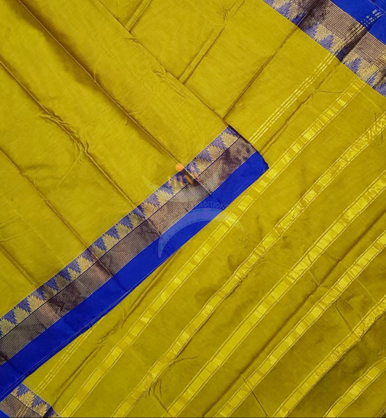 Yellowish green mercerised South cotton with contrasting blue woven temple border