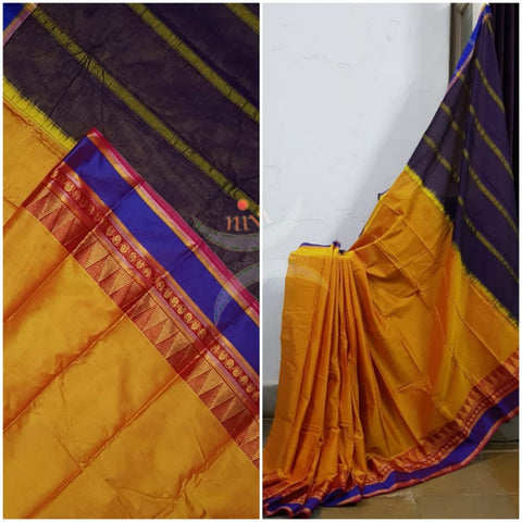 Turmeric yellow mercerised South cotton with temple border and brown pallu