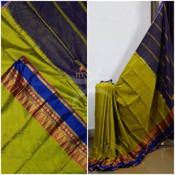 Green mercerised South cotton with contrasting blue woven temple border