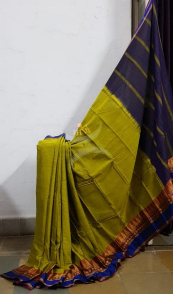 Green mercerised South cotton with contrasting blue woven temple border