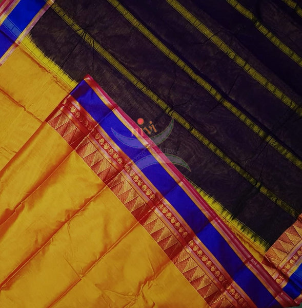 Turmeric yellow mercerised South cotton with temple border and brown pallu
