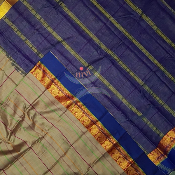 Striped beige mercerised South cotton with contrasting blue woven border