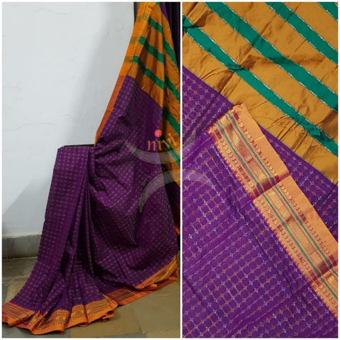Purple Chukki ilkal with mustard border and pallu