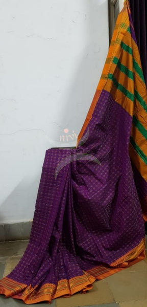 Purple Chukki ilkal with mustard border and pallu