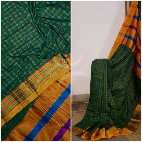 Green Chukki ilkal with mustard border and pallu