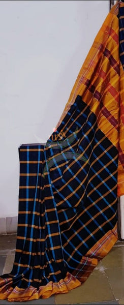 Chequered black kota cotton with woven mustard border and topu teni pallu.