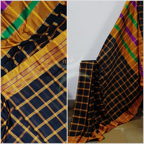 Chequered black kota cotton with woven mustard border and topu teni pallu.