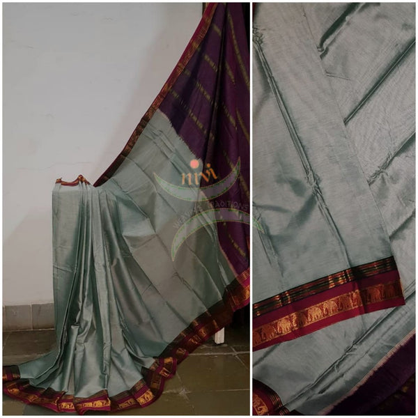 Grey mercerised South cotton with contrasting maroon woven temple border