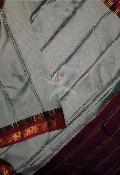 Grey mercerised South cotton with contrasting maroon woven temple border