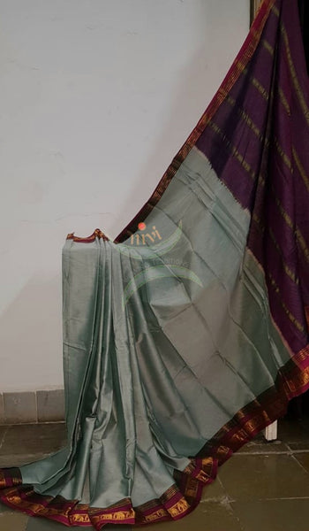 Grey mercerised South cotton with contrasting maroon woven temple border