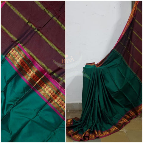 Teal green mercerised South cotton with contrasting pink woven temple border