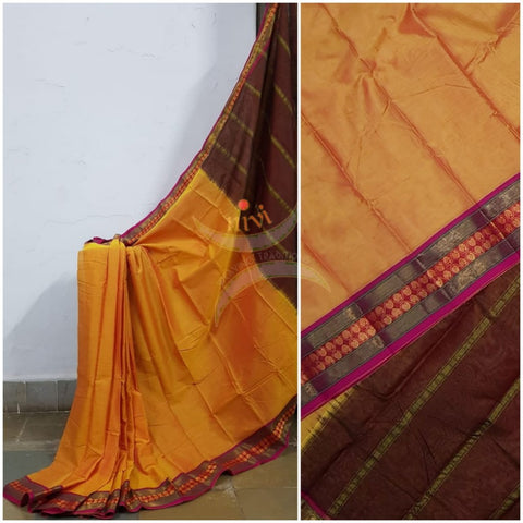 Mustard yellow mercerised South cotton with contrasting woven temple border