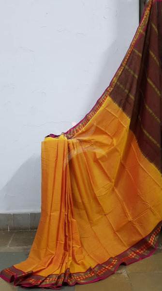Mustard yellow mercerised South cotton with contrasting woven temple border