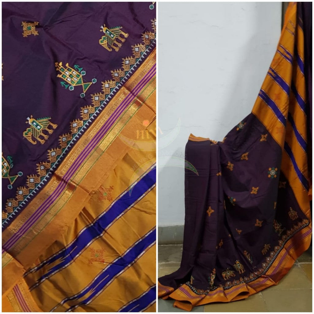 Maroonish Brown ilkal with traditional kasuti machine embroidery.