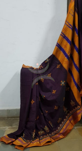 Maroonish Brown ilkal with traditional kasuti machine embroidery.