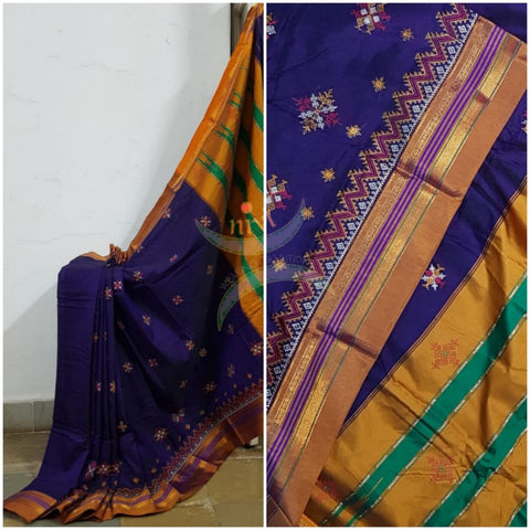 Royal blue ilkal with traditional kasuti machine embroidery.