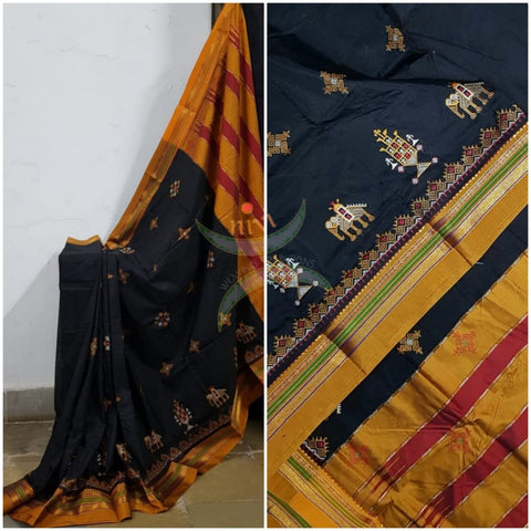 Black ilkal with traditional kasuti machine embroidery.