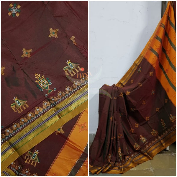 Two tone brown ilkal with traditional kasuti machine embroidery.
