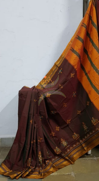 Two tone brown ilkal with traditional kasuti machine embroidery.