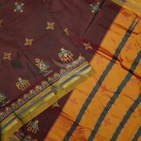 Two tone brown ilkal with traditional kasuti machine embroidery.