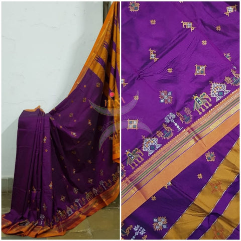 Purple ilkal with machine embroidered kasuti saree.