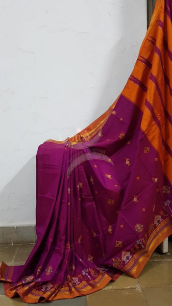 Pink ilkal with traditional kasuti machine embroidery.