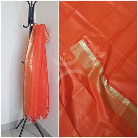 Orange kota cotton dupatta with gold zari borders.