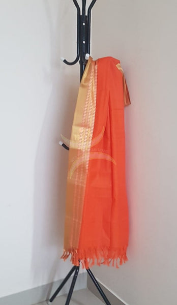 Orange kota cotton dupatta with gold zari borders.