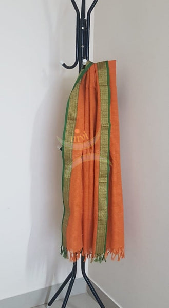 Orange chequared kota cotton dupatta with subtle zari borders.