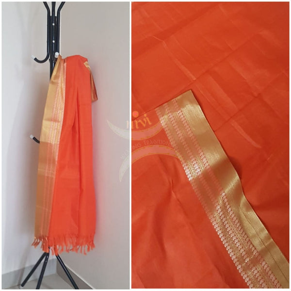 Orange kota cotton dupatta with gold zari borders.