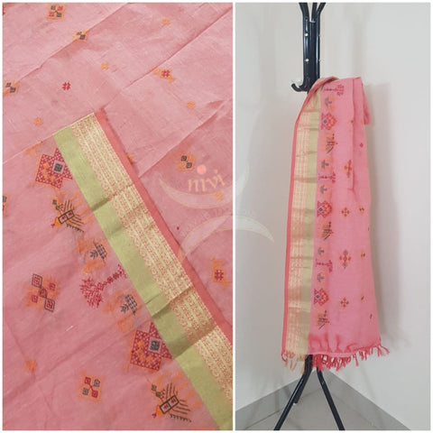 Peachish pink kota cotton dupatta with machine kasuti embroidery.