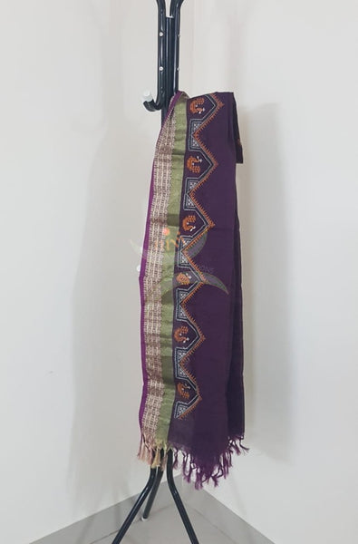 Purple kota cotton dupatta with machine kasuti embroidery.