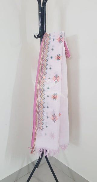 Off white kota cotton dupatta with machine kasuti embroidery.