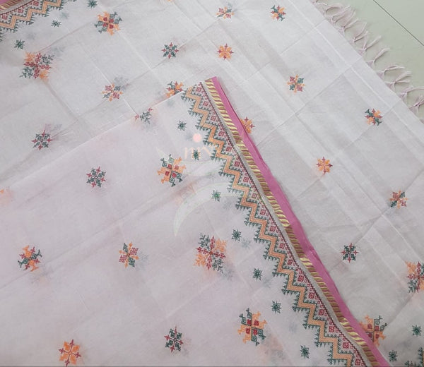 Off white kota cotton dupatta with machine kasuti embroidery.