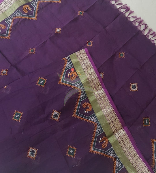 Purple kota cotton dupatta with machine kasuti embroidery.
