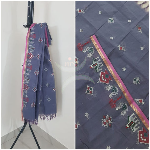 Grey kota cotton dupatta with machine kasuti embroidery.