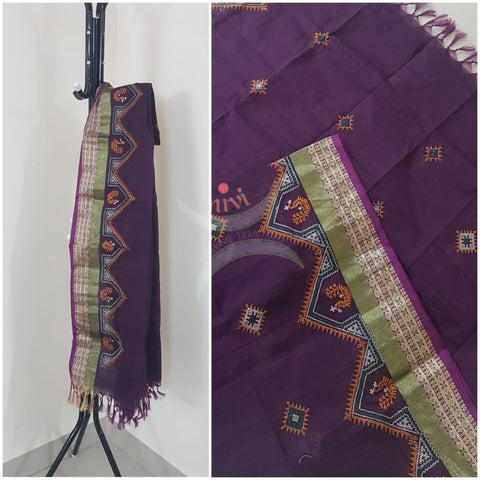 Purple kota cotton dupatta with machine kasuti embroidery.