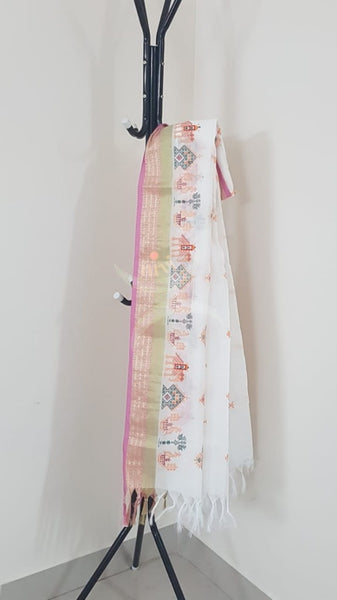 Off white kota cotton dupatta with machine kasuti embroidery.