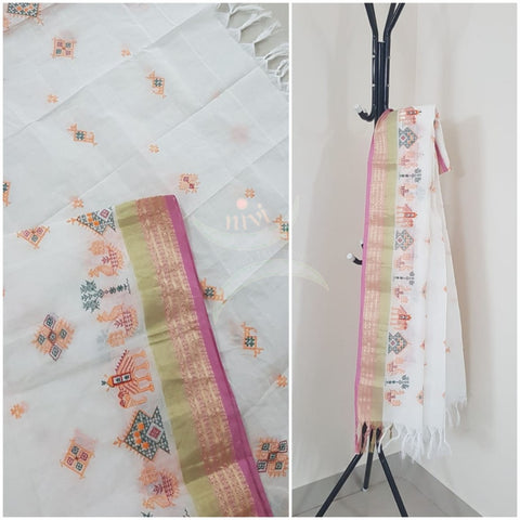 Off white kota cotton dupatta with machine kasuti embroidery.