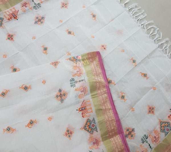 Off white kota cotton dupatta with machine kasuti embroidery.
