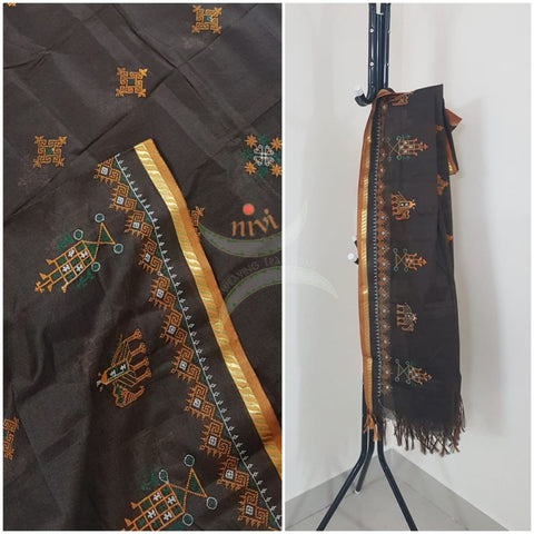 Brown kota cotton dupatta with machine kasuti embroidery.
