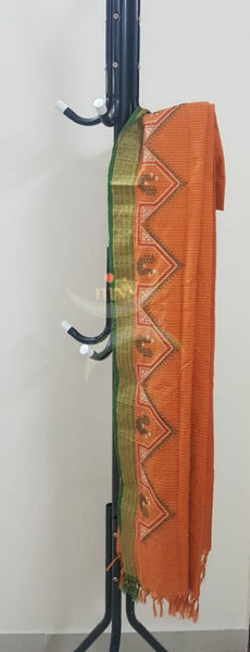 Orange chequared kota cotton dupatta with machine kasuti embroidery.
