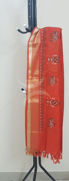 Orange kota cotton dupatta with machine kasuti embroidery.