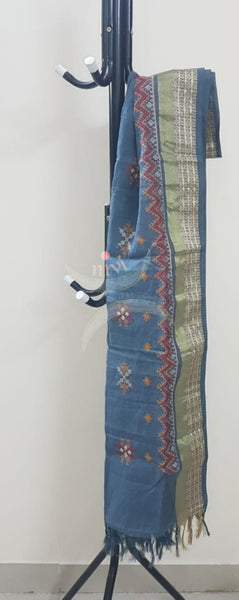 Grey kota cotton dupatta with machine kasuti embroidery.